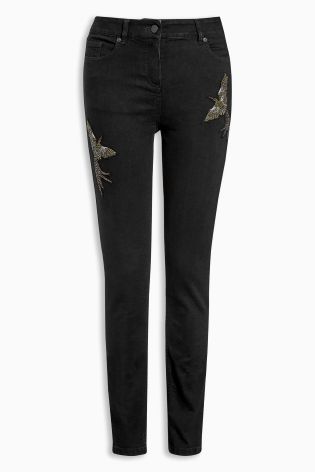 Black Embellished Bird Skinny Jeans